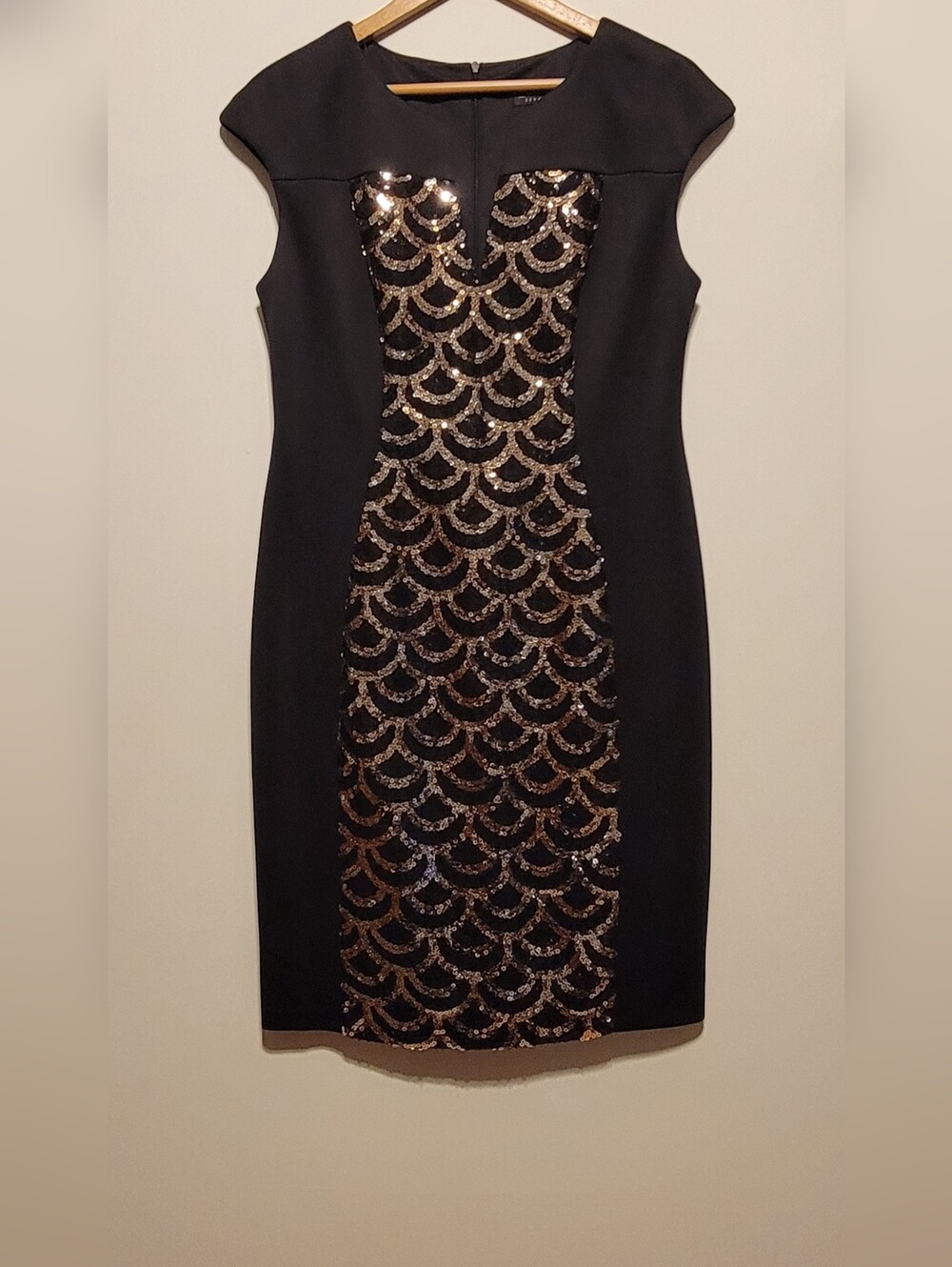 connected apparel Black Midi Women Dress with Gold Sequin Center Panel Size 10